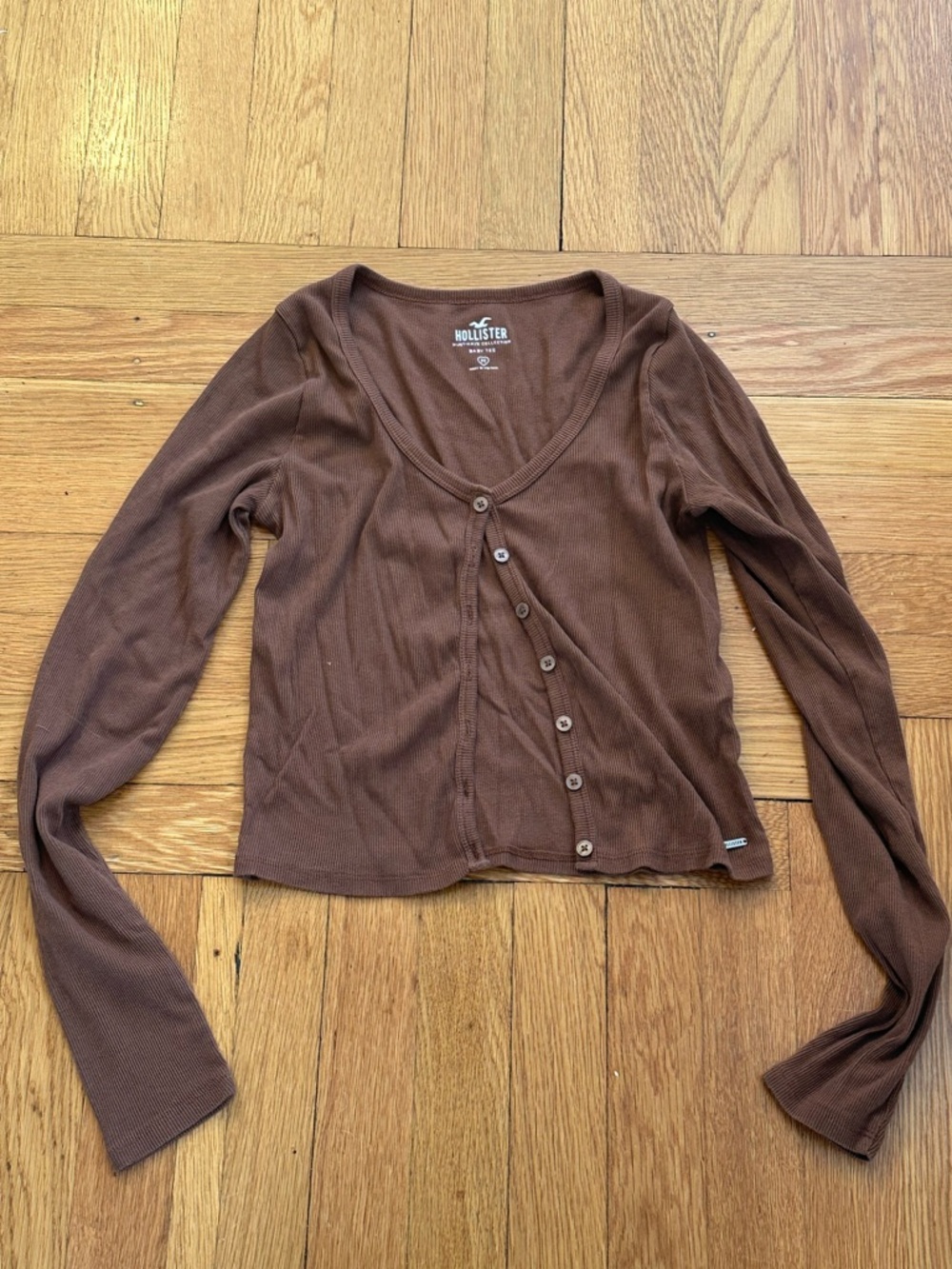 Hollister Brown Button-Front Ribbed Long-Sleeve Top Babydoll Y2K look